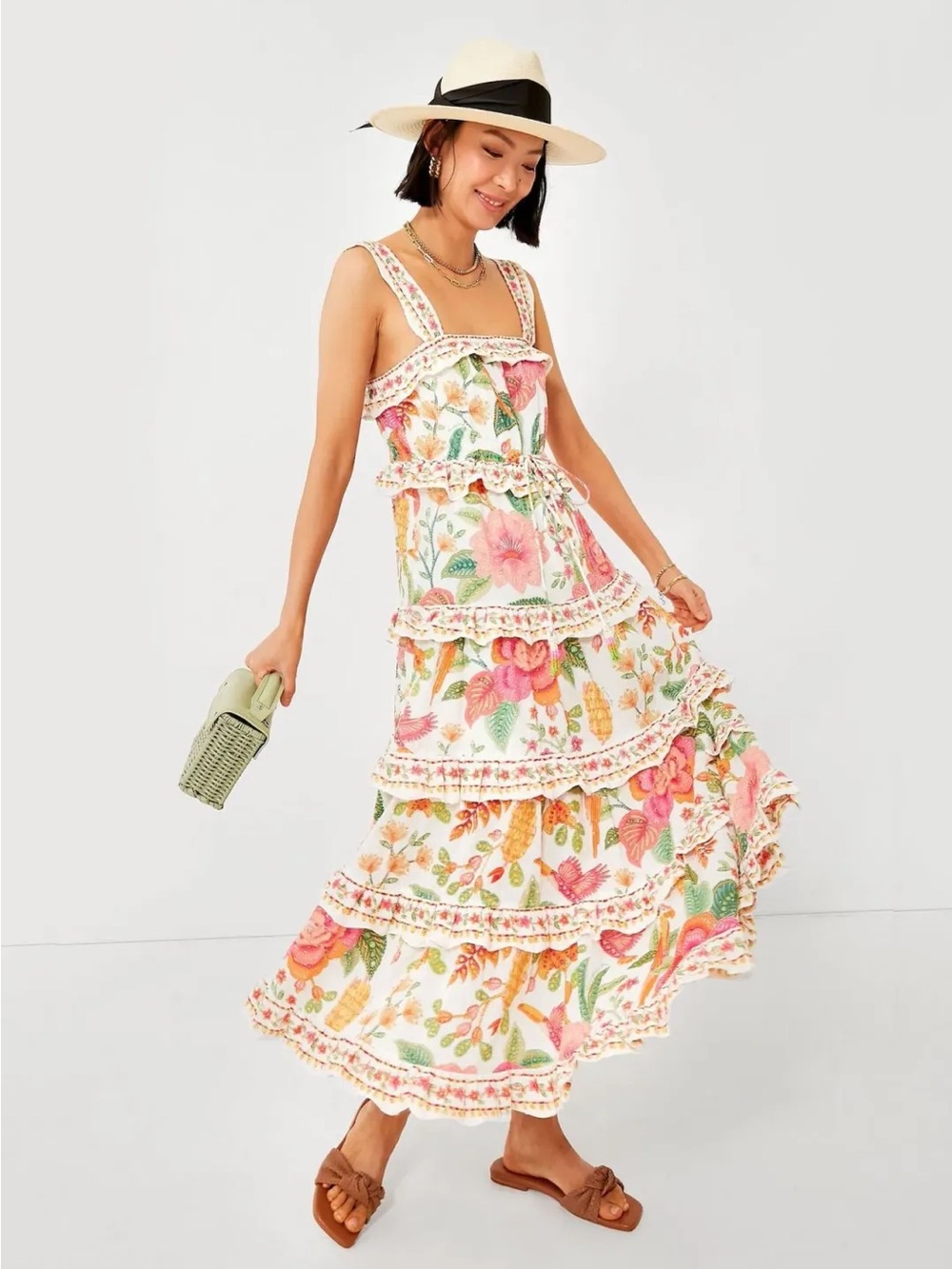 Farm Rio Macaw Bloom Ruffle Tiered Sundress XL Ivory Multicolor Midi Length